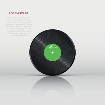 Vinyl disk with flying sound note. Music disk vector illustration. Sound record.