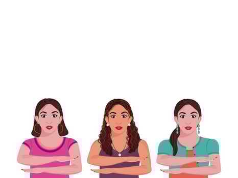 Three Young Girls Making Equality Arm Gesture On White Background. vector