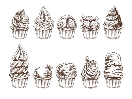 A hand-drawn sketch of ice cream balls, frozen yoghurt or cupcakes in cups. Set. Vintage illustration. Element for the design of labels, packaging and postcards. vector