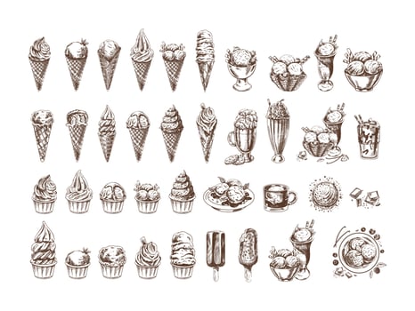 Big hand-drawn sketch of ice cream or frozen yoghurt in cups and cones, milkshakes, ice cream on a stick, cupcakes, cookies. Vintage illustration. Set. vector