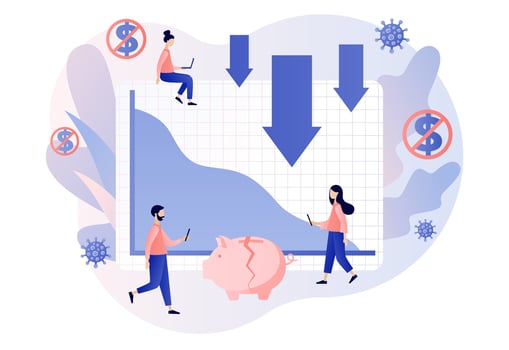 Financial crisis concept. Tiny businessmen faces Coronavirus pandemic or COVID-19 impact on global economy and stock markets. Economic downturn. Modern flat cartoon style. Vector illustration
