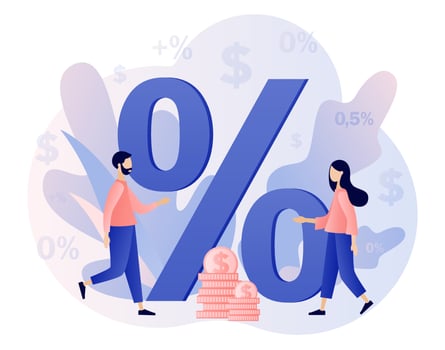 Tiny people and big Percent sign. Good interest rate, interest-free. Bank credit concept. Finance management. Modern flat cartoon style. Vector illustration on white background
