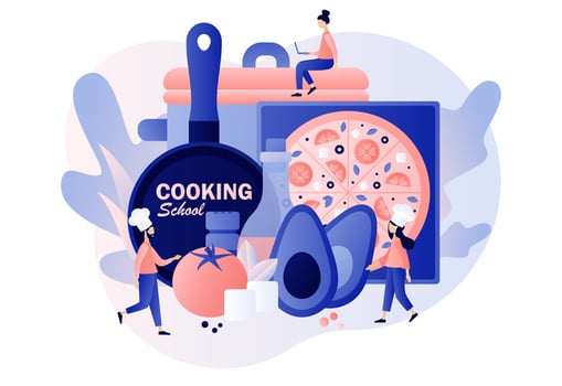 Tiny people in hat with kitchen tools and foods. Cooking school - text on kitchen frying pan. Culinary master class online. Modern flat cartoon style. Vector illustration on white background