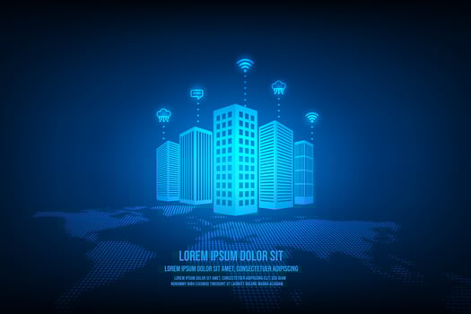 Vector technology internet of things with smart city concept. World map abstract blue background.