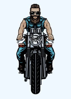 Bearded Man Biker Riding Cafe Racer Motorcycle Front View Angle vector