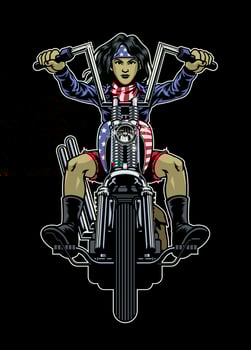 American Female Biker Riding on Vintage Motorcycle vector