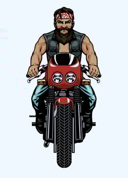 Biker Man Riding Cafe Racer Custom Motorcycle front Side angle vector