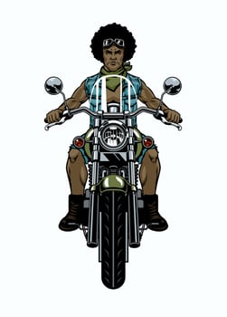 Black Man Afro Hair Biker Riding Motorcycle front angle vector