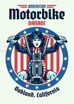 Vintage T-Shirt Design American Woman Biker Riding Chopper Motorbike vector