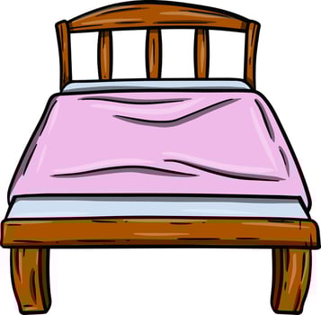 Bed with blue blanket. Bedroom and room element. Big Place to sleep and relax. Retro furniture. Color hand-drawn illustration. Cartoon picture vector