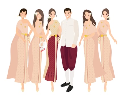 beautiful happy bride groom and bridesmaid in thai traditional dress gown wedding ceremony vector