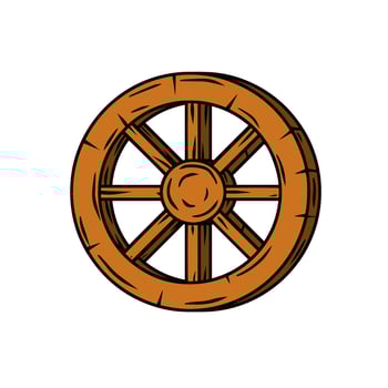 Wooden cart wheel. Old object with cracks. Element of the village and medieval. Detail of the mechanism for the ride. Cartoon illustration vector