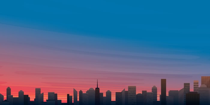 Sky on a sunset in the city vector illustration have blank space. Buildings silhouette against the sky in sunset flat design.
