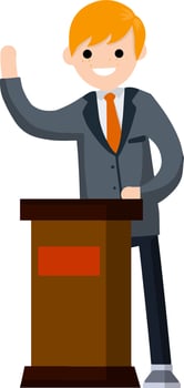 Man in the suit stay behind podium. Presidential election. Political debate. Lecturer in class. The speaker is talking. Dialogue businessman. Cartoon flat illustration vector