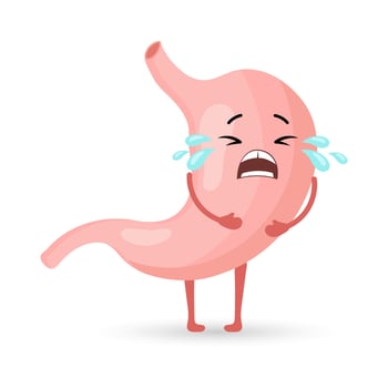 Unhealthy human stomach character is crying and suffering from pain. Food, stomach pain. Anatomy of the digestive system. Vector in flat style