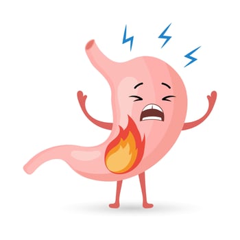 Unhealthy human stomach character suffering from heartburn. Food, stomach pain. Anatomy of the digestive system. Vector in flat style