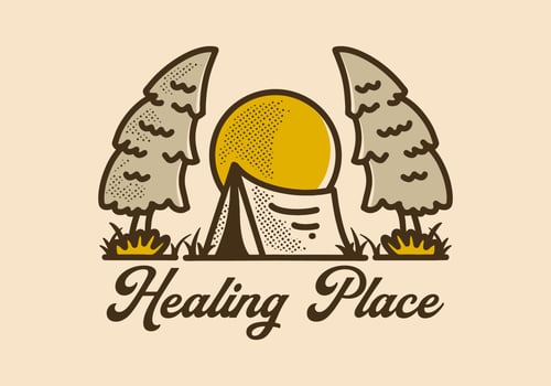 Vintage illustration of camping tent and two pine trees vector
