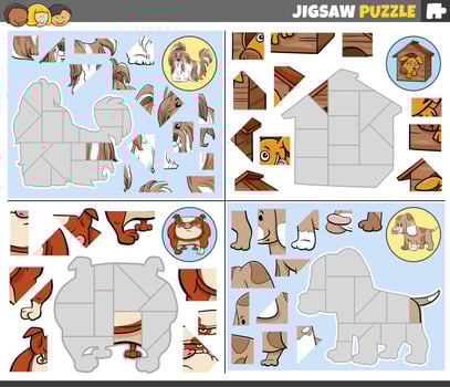 jigsaw puzzle games set with funny cartoon dogs characters vector