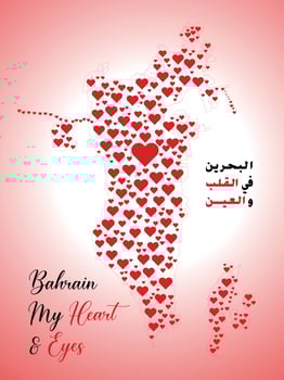 Collage Bahrain map composed with red love hearts, and rubber badge. Vector lovely round red rubber stamp imitation with Bahrain map inside.