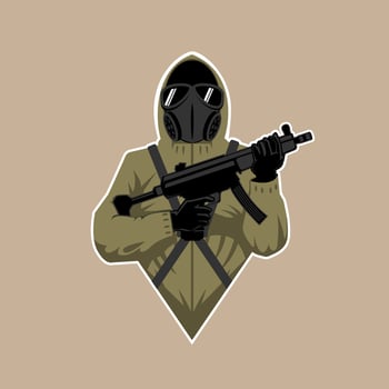 Hooded Soldier holding weapon in hazmat suit vector