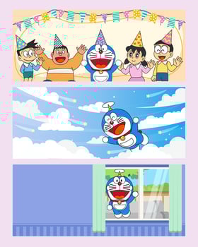 Cute Blue Cat Playing With Friends Banner Template vector