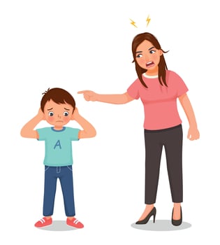Angry mother scolding her little son for bad behavior and ignorance who covering his ears do not listen vector