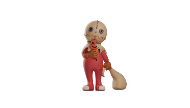 3D illustration. Trick r Treat 3D Cartoon Character. Trick r Treat stood with his Halloween stick and sack. Trick r Treat showed a calm expression. 3d cartoon character png