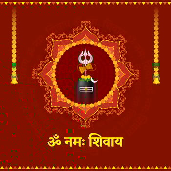 Golden Om Namah Shivaya Text With Worshiping Lingam, Crescent Moon, Damru, Silver Trishul Over Floral Frame On Red Background. vector