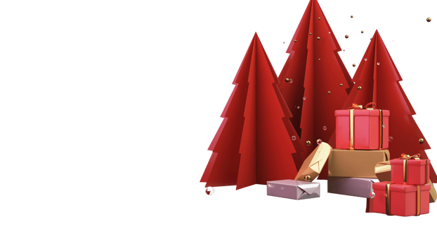 3D Render of Red Paper Cut Xmas Tree With Balls, Gift Boxes. png