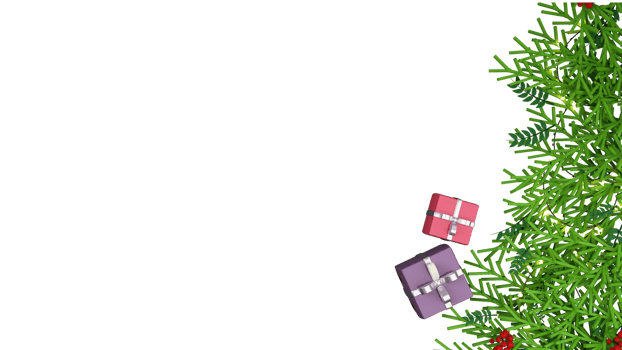 3D Render, Gift Boxes With Lighting Garland, Fir Leaves, Berries. png