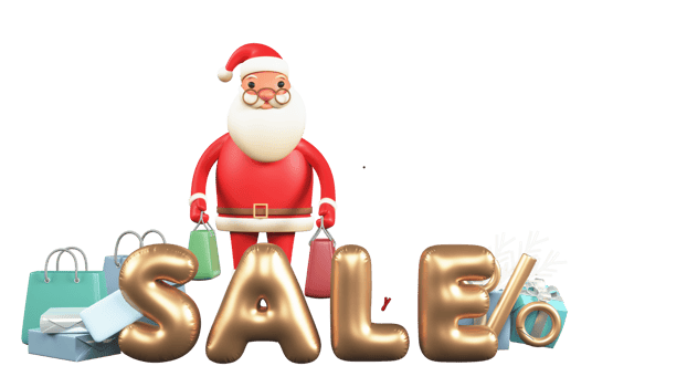 3D Golden Foil Sale Text With Cartoon Santa Claus Holding Shopping Bags, Gift Boxes, Percentage Symbol And Snowflake png