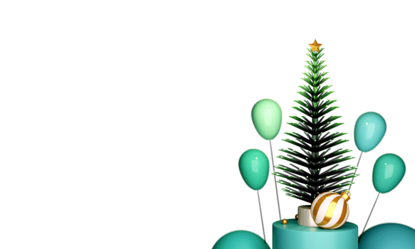 3D Render, Christmas Or Spruce Tree With Bauble Over Podium, Balloons. png