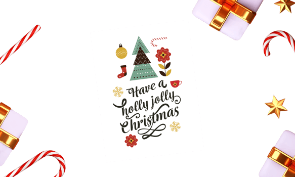 Top View Of Merry Christmas Greeting Card With 3D Gift Boxes, Candy Canes, Golden Stars And Snowflakes. png