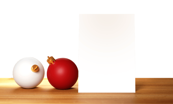 Greeting Card With 3D Christmas Balls, On Brown Wooden Table png