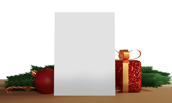Merry Christmas Greeting Card With 3D Gift Box, Bauble, Candy Cane, Fir Leaves. png