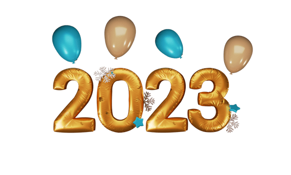 3D Render Of Golden Foil 2023 Number With Snowflakes, Stars, Glossy Balloons And Confetti. png