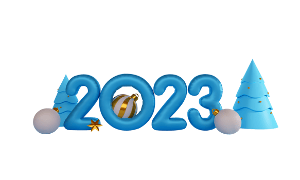 3D Balloon 2023 Number With Baubles, Golden Star And Xmas Trees. png