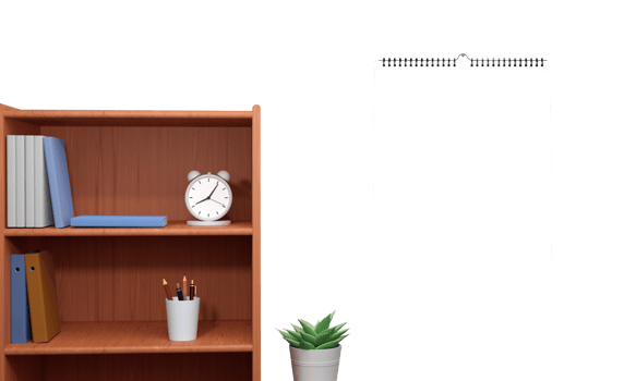 Calendar Template Mockup With Plant Pot, Book, Open Cupboard, Alarm Clock, Pen Holder And Plant Pot. png