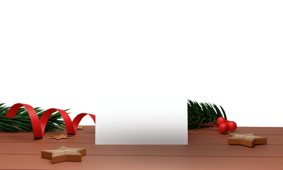 Greeting Card With 3D Stars, Curly Ribbon, Fir Leaves, Berry On Brown Wooden. png