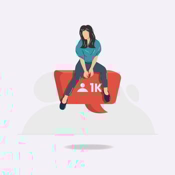 Woman sitting on flying followers comment notification design vector illustration