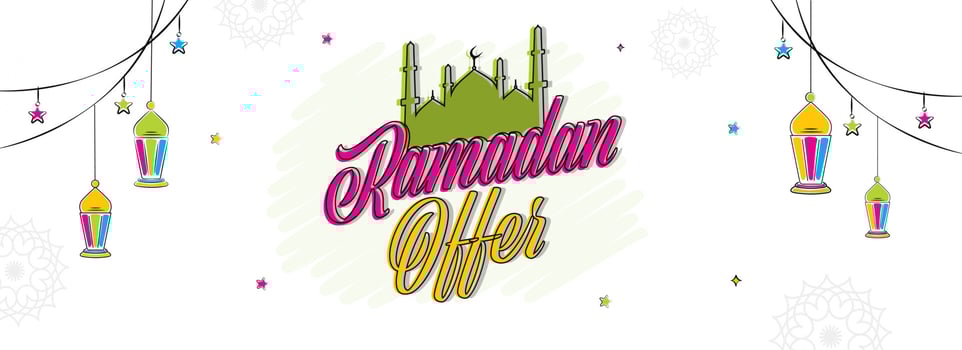 Ramadan Sale Header Or Banner Design With Flat Mosque, Hanging Stars And Lanterns Decorated On White Mandala Background. vector