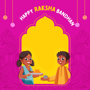 Happy Raksha Bandhan Greeting Card With Indian Kids Celebrating Festival Of Rakhi On Yellow And Pink Paisley Pattern Background. vector