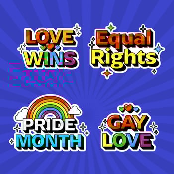 Colorful Love Wins, Equal Rights, Pride Month, Gay Love Quotes In Sticker Style Against Blue Rays Background. vector