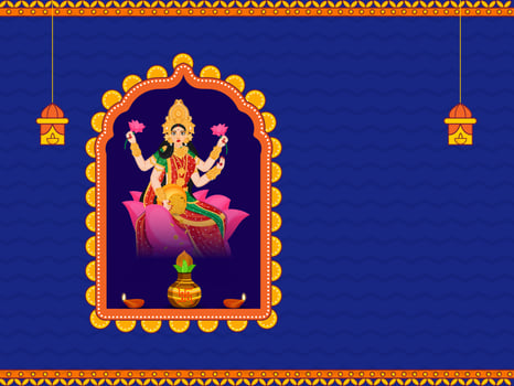 Wealth Goddess Lakshmi Character With Traditional Pot, Lit Oil Lamps And Lanterns Hang On Blue Wave Stripe Background. vector
