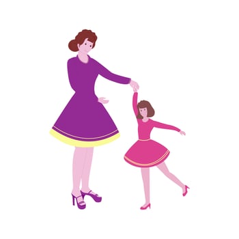 Modern Young Mother With Her Daughter Dancing Together On White Background. vector