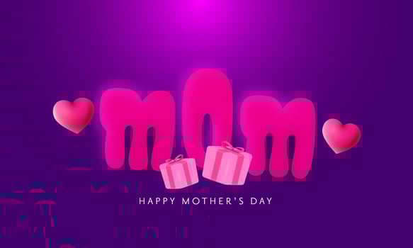 Pink Mom Font With Glossy Hearts, 3D Gift Boxes On Purple Background For Happy Mother's Day Concept. vector