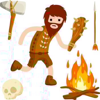 Primitive caveman. Prehistoric hunter. Stone age. Man with an axe or a hammer. Tribal items. Concept of history and archeology. Cartoon flat. Fire and skull vector