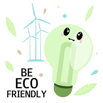 Eco energy concept. Cute lightbulb. Educational material for kids. Be eco friendly. Vector cartoon illustration.