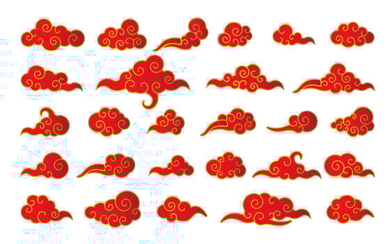 Cloud in Chinese style. Abstract red and gold cloudy set isolated on white background. Vector illustration