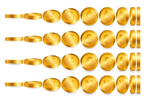Dollar Euro Pound Yen Gold coins set isolated on white background. Vector illustration